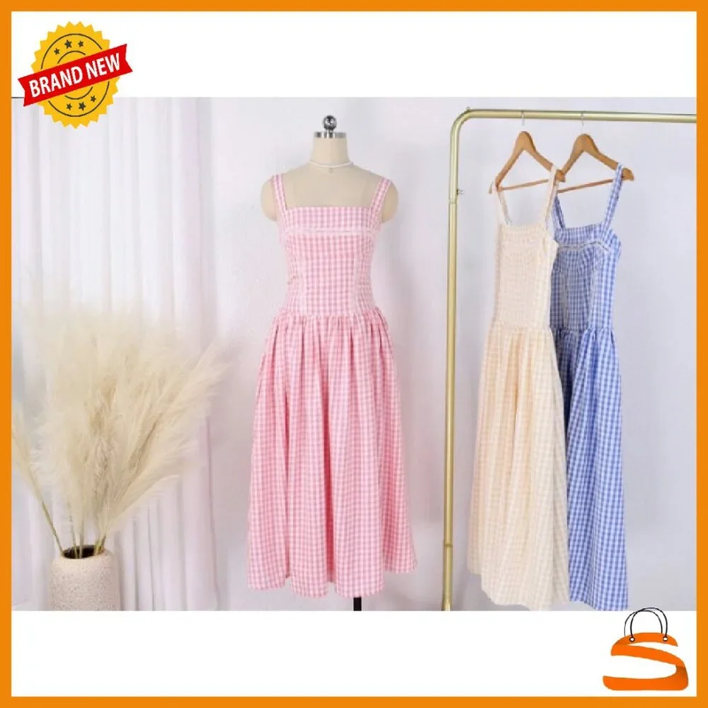 Summer Corset Midi Dress Flowy Square Neck Sleeveless with Pockets - Picture 7 of 8